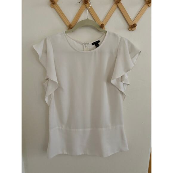 Ann Taylor Top Women's 6 White Ruffle Shoulder Blouse Lightweight - Picture 1 of 6